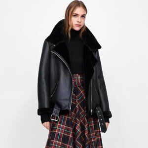 NWT Zara Faux Leather Shearling Aviator Jacket Size M